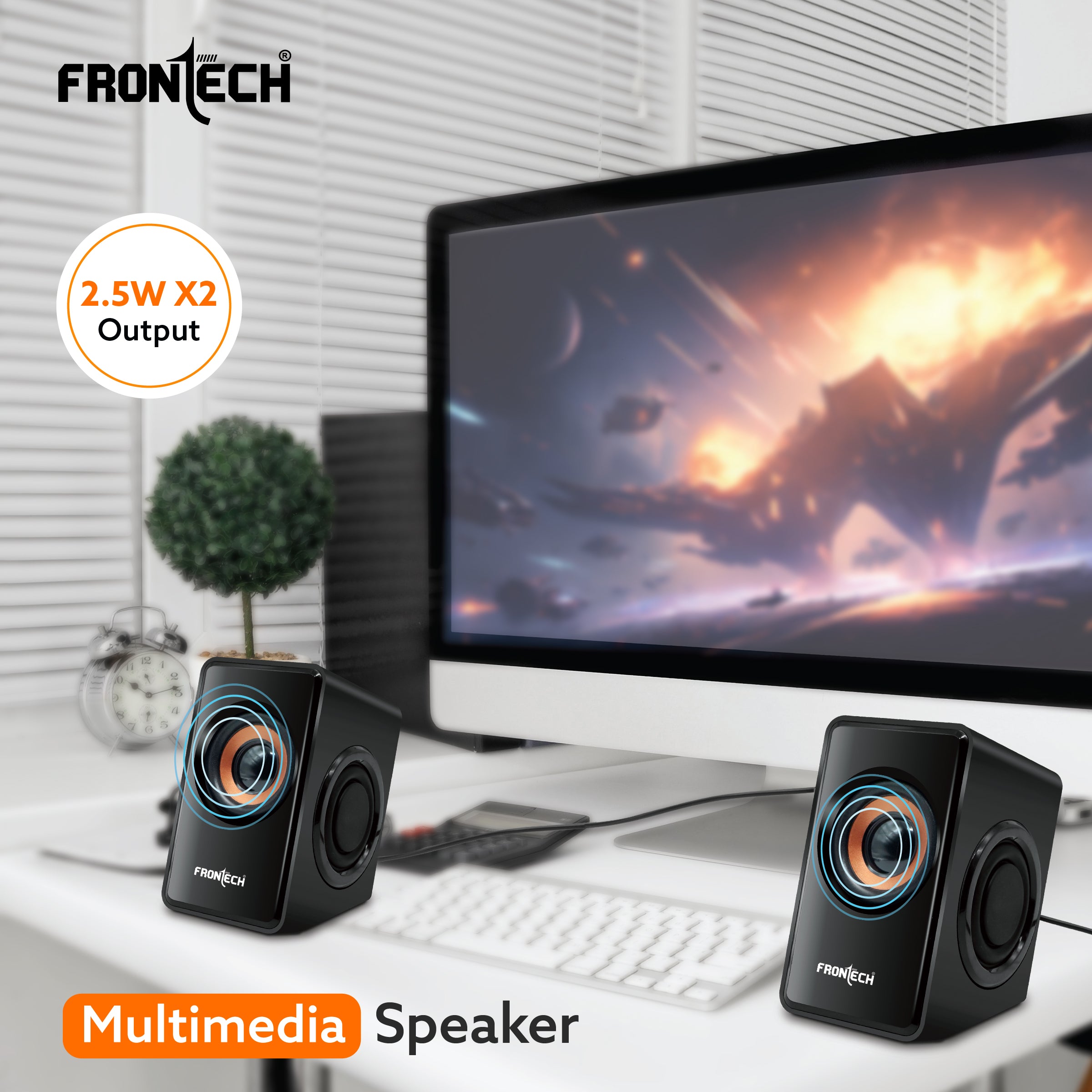 Frontech 2.0 USB PC Speakers | 2x2.5W Drivers (5cm) | 3.5mm Jack | For Laptop, PC, TV & Mobile (SPK-0001) Frontech 2.0 USB PC Speakers | 2x2.5W Drivers (5cm) | 3.5mm Jack | For Laptop, PC, TV & Mobile (SPK-0001)